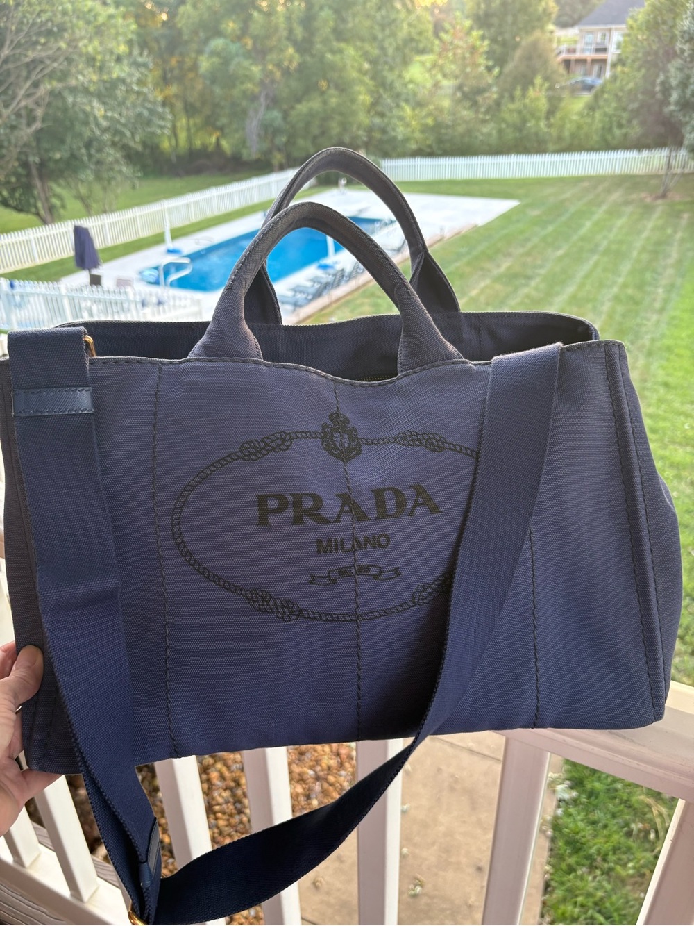Prada Large Canapa Canvas Tote Bag Bluette Blue Gold Hardware B1872G Authentic